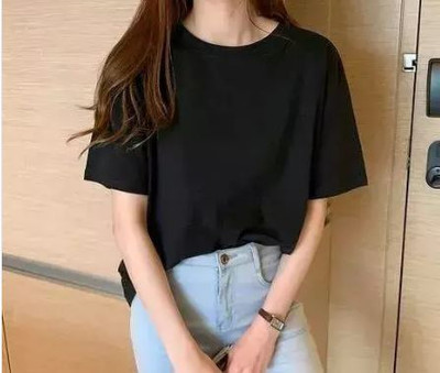 V Fashion Solid Women Round Neck Black T-Shirt