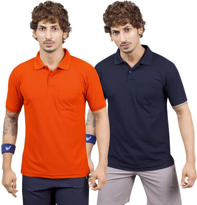 m2hit Solid Men Round Neck Orange, Navy Blue T-Shirt