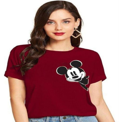 SAHAL Printed Women Round Neck Maroon T-Shirt