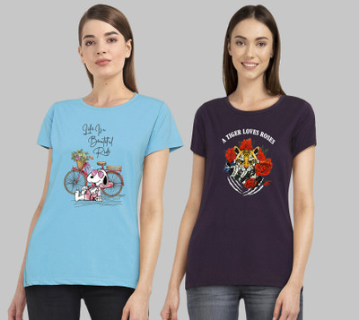 CHOZI Printed Women Round Neck Light Blue, Purple T-Shirt