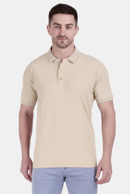 ANZEER Solid Men Polo Neck Beige T-Shirt