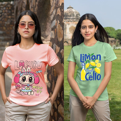 Kasendra Printed Women Round Neck Pink, Green T-Shirt