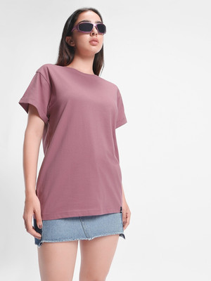 BEWAKOOF Solid Women Round Neck Purple T-Shirt