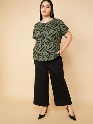 MAX Printed Women Round Neck Green T-Shirt