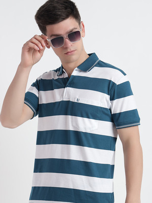 UNNIBERRY Striped Men Polo Neck Blue T-Shirt