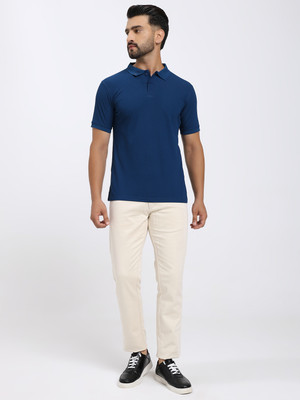 KCOTS Solid Men Polo Neck Blue T-Shirt