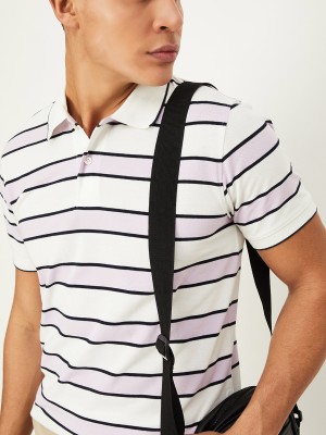 MAX Striped Men Polo Neck White T-Shirt