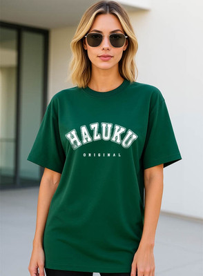 Hazuku Printed Women Round Neck Dark Green T-Shirt