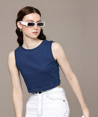 Roadster Solid Women Round Neck Blue T-Shirt