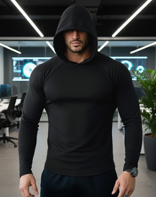 JUNO Solid Men Hooded Neck Black T-Shirt