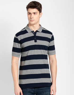 JOCKEY Striped Men Polo Neck Grey, Black T-Shirt