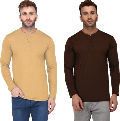 Adorbs Solid Men Henley Neck Yellow, Brown T-Shirt