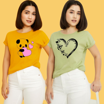 Kintu Parantu Printed Women Round Neck Yellow, Green T-Shirt