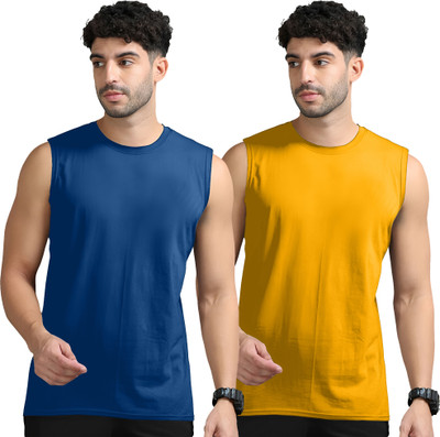 Jangoboy Solid Men Round Neck Dark Blue, Yellow T-Shirt