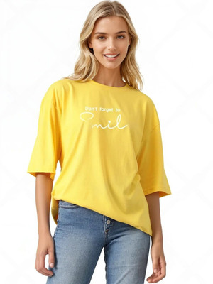 KOTTY Printed Women Round Neck Yellow T-Shirt