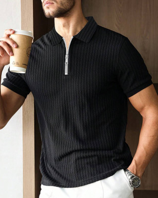 AUSK Self Design Men Polo Neck Black T-Shirt