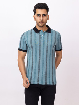EMERALD Striped Men Polo Neck Blue T-Shirt