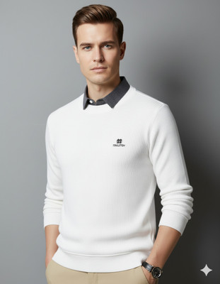 Kesar Collection Self Design, Striped Men Polo Neck White T-Shirt