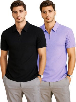 RMLKN Self Design, Solid Men Zip Neck Black, Purple T-Shirt
