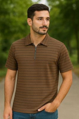 METRONAUT Striped Men Zip Neck Brown T-Shirt