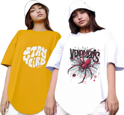 R S Fashion Printed Women Round Neck Yellow, White T-Shirt