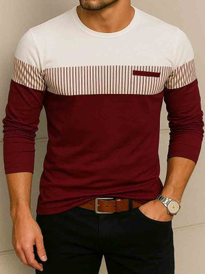 Try This Colorblock Men Round Neck Maroon T-Shirt