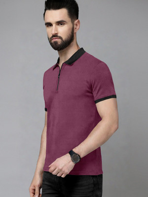 METRONAUT Self Design Men Polo Neck Pink, Black T-Shirt