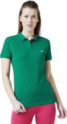 PERF Solid Women Polo Neck Dark Green T-Shirt