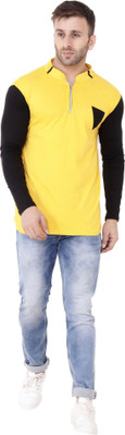 Blisstone Solid Men Mandarin Collar Yellow, Black T-Shirt