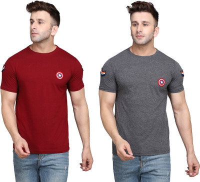 Blisstone Solid Men Round Neck Maroon, Grey T-Shirt