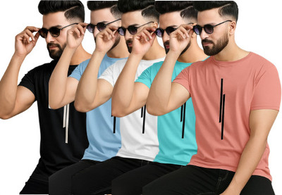 P collection Striped Men Round Neck Black, Light Blue, White, Light Green, Pink T-Shirt
