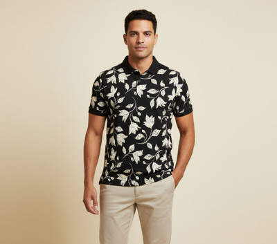 PlayfullVibes Printed Men Polo Neck Black T-Shirt