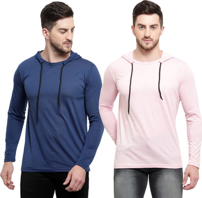Tresna Trending Solid Men Hooded Neck Dark Blue, Pink T-Shirt