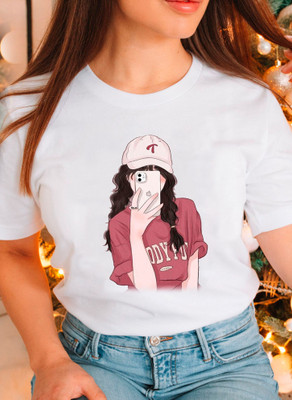 VABRU Printed Women Round Neck Reversible White T-Shirt