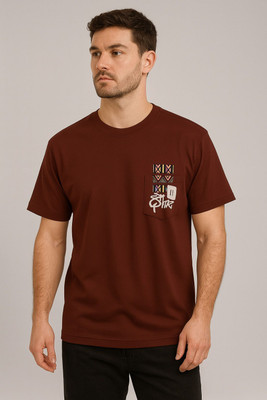 Rollingood Printed Men Cowl Neck Brown T-Shirt