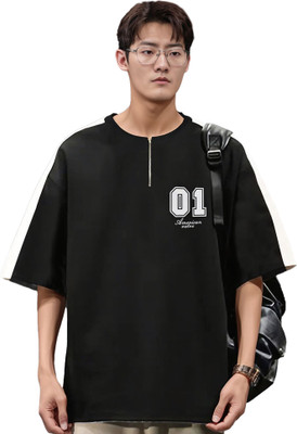 Jump Cuts Printed Men Henley Neck Black, White T-Shirt