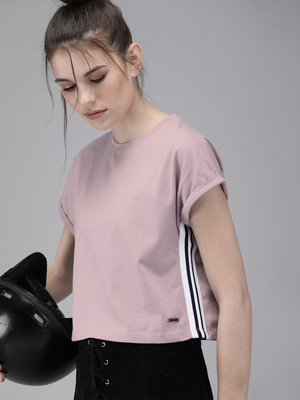 Roadster Striped Women Round Neck Pink T-Shirt