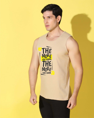 WOOSTRO Typography Men Scoop Neck Beige T-Shirt