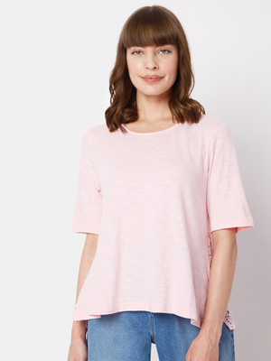VERO MODA Self Design Women Round Neck Pink T-Shirt