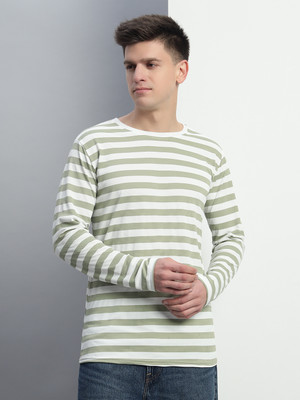 METRONAUT Striped Men Round Neck Light Green, White T-Shirt