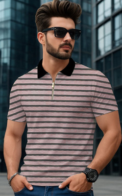 NB NICKY BOY Striped Men Zip Neck White T-Shirt