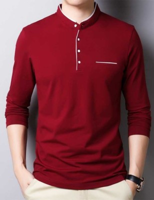 Oosh Solid Men Mandarin Collar Maroon T-Shirt