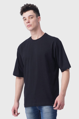 T-STORE Solid Men Round Neck Black T-Shirt