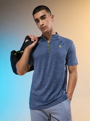 TECHNOSPORT Self Design Men Zip Neck Navy Blue T-Shirt