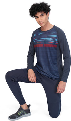 TECHNOSPORT Striped Men Round Neck Black T-Shirt