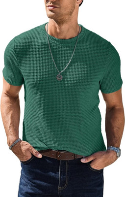 BOOM BAAM Self Design Men Round Neck Green T-Shirt