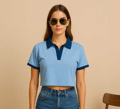 Adyavastram Solid Women Polo Neck Blue T-Shirt