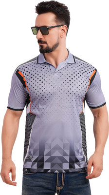 FABWAX Printed Men Polo Neck Grey T-Shirt