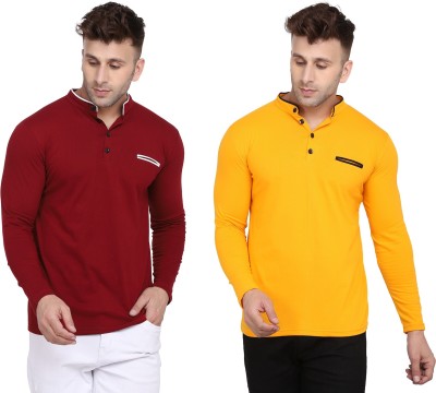 Lawful Casual Solid Men Mandarin Collar Maroon, Yellow T-Shirt