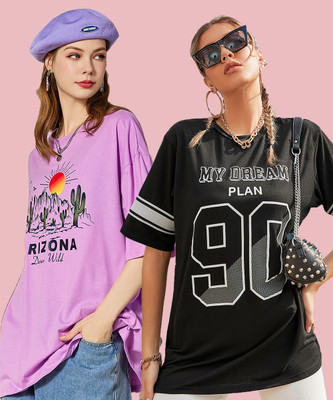 METRONAUT Printed Women Round Neck Pink, Blue T-Shirt